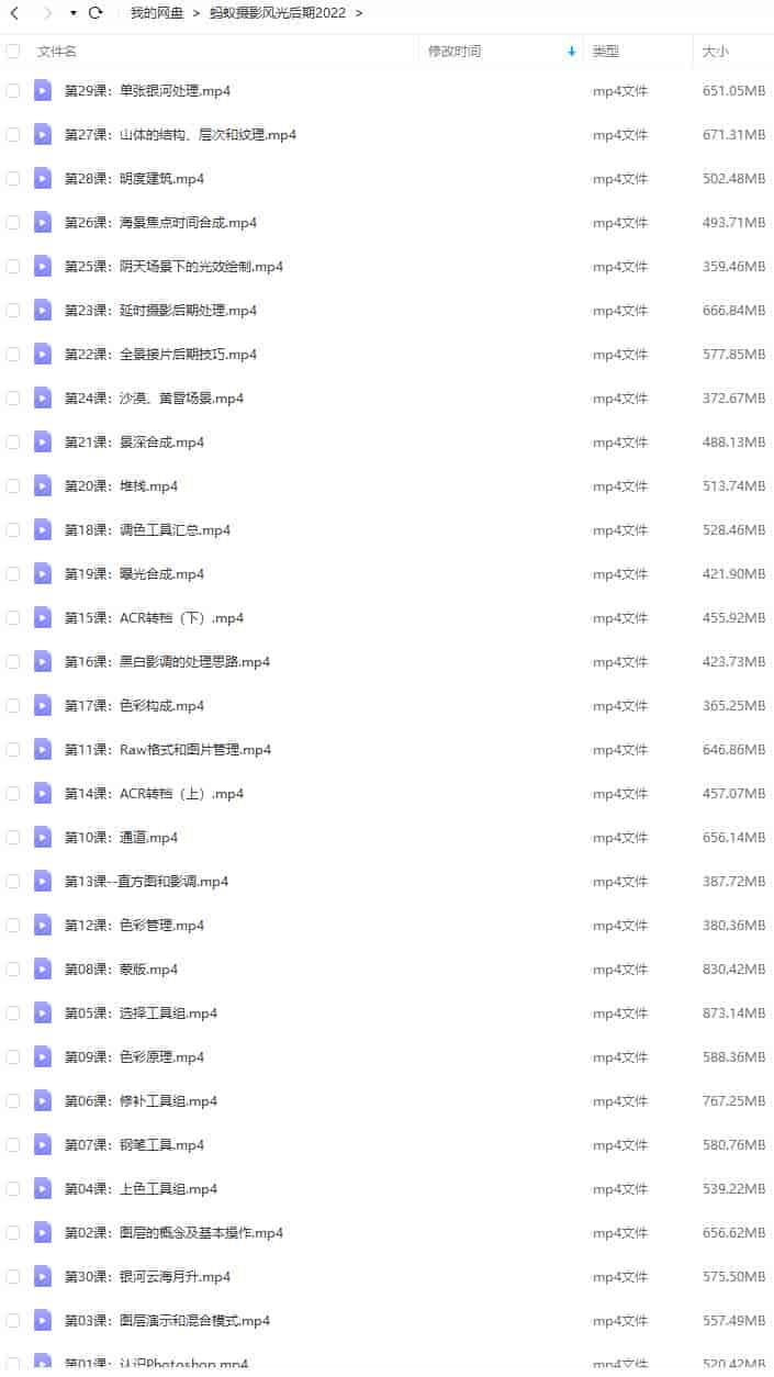 【缺】蚂蚁摄影2022年风光摄影后期【画质还行只有视频】