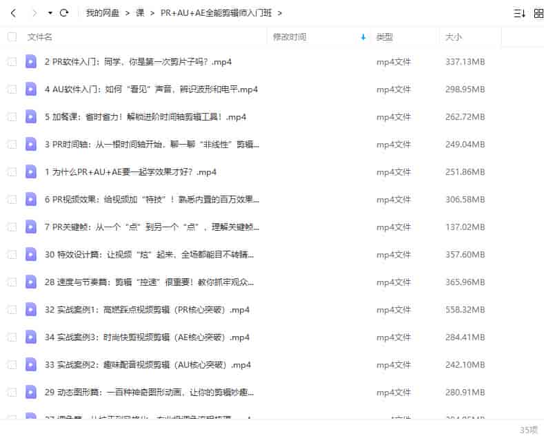 PR+AU+AE全能剪辑师入门班【画质高清只有视频无素材】