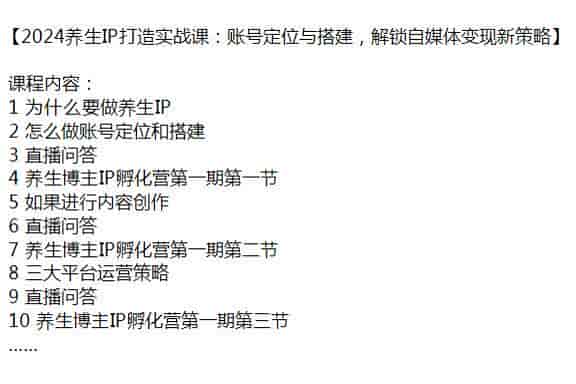 2024养生IP从到搭建到定位孵化营，内容创作、运营策略等内容