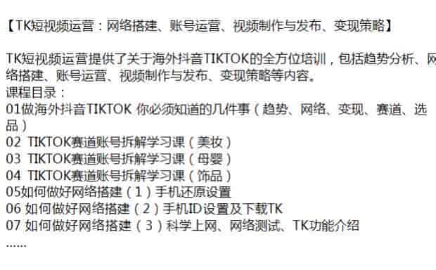 TK短视频从账号搭建到运营变现策略课，海外抖音TIKTOK必学源