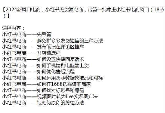 2024小红书无货源电商课程，从找货源到开店全流程