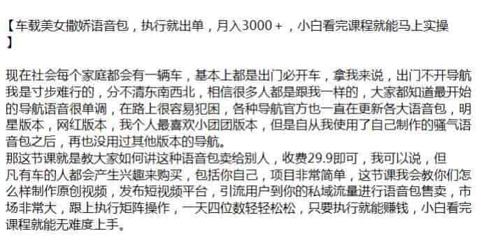 出售车载导航骚气语音包项目，项目非常简单